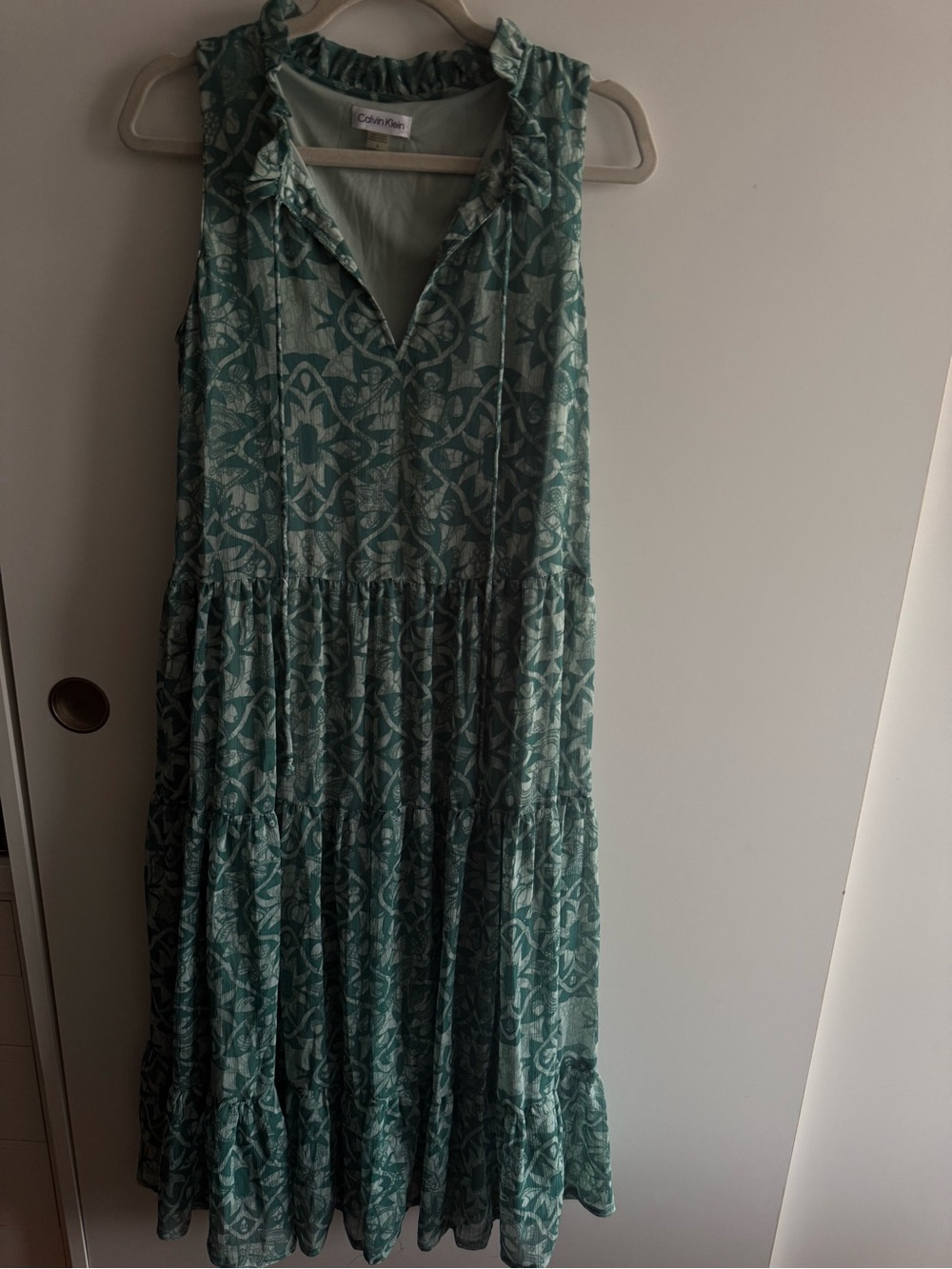 Calvin Klein Teal Patterned Ruffled V-Neck Maxi Dress
